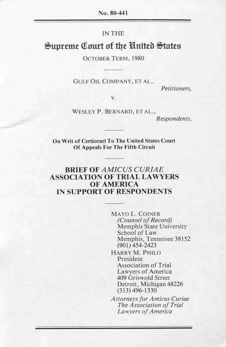 Gulf Oil Company v. Bernard Brief of Amicus Curiae in Support of Respondents preview