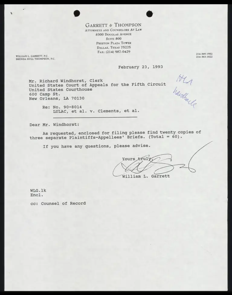 Correspondence from Garrett to Clerk Re: Plaintiffs-Appellees' Briefs preview