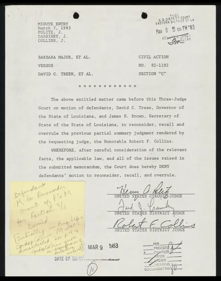 Minute Entry - Denial of Motion to Reconsider and Reasons preview