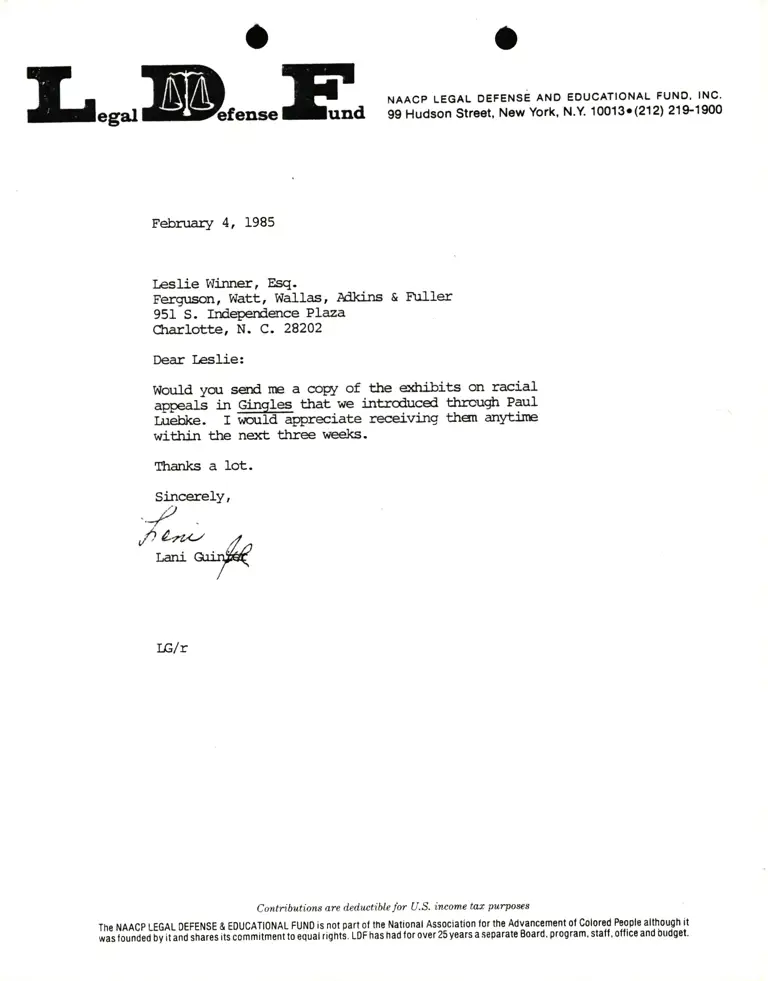 Correspondence from Lani Guinier to Leslie Winner, Esq. Re Thorburg v. Gingles preview