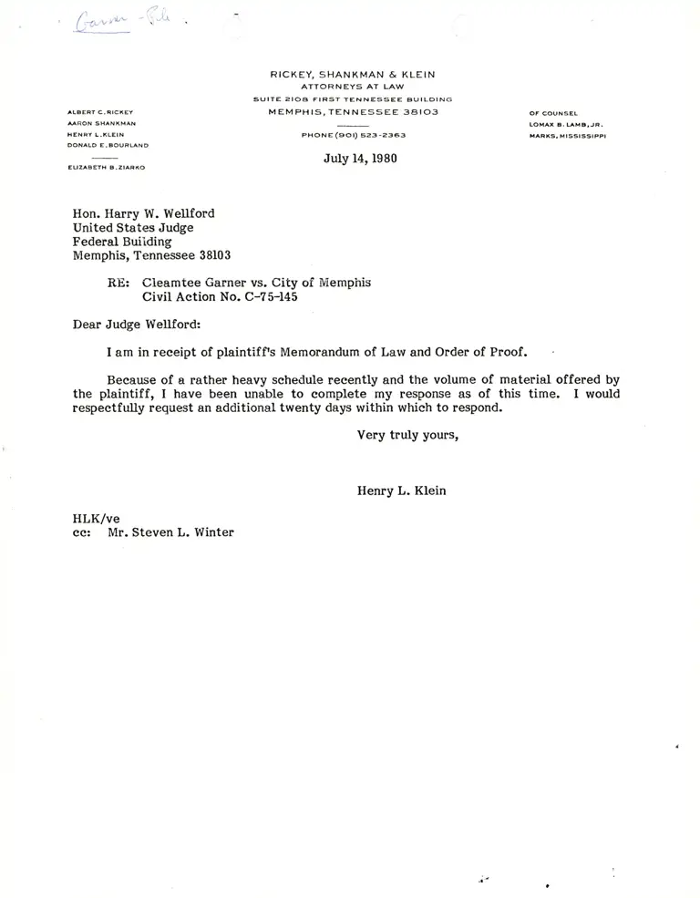 Correspondence Klein to Judge Wellford Re: Memorandum of Law and Order of Proof preview