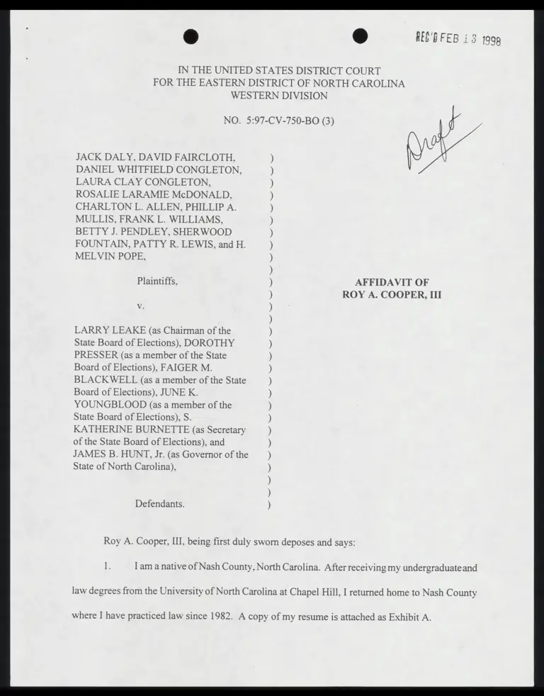 Draft Affidavit of Roy A. Cooper, III preview