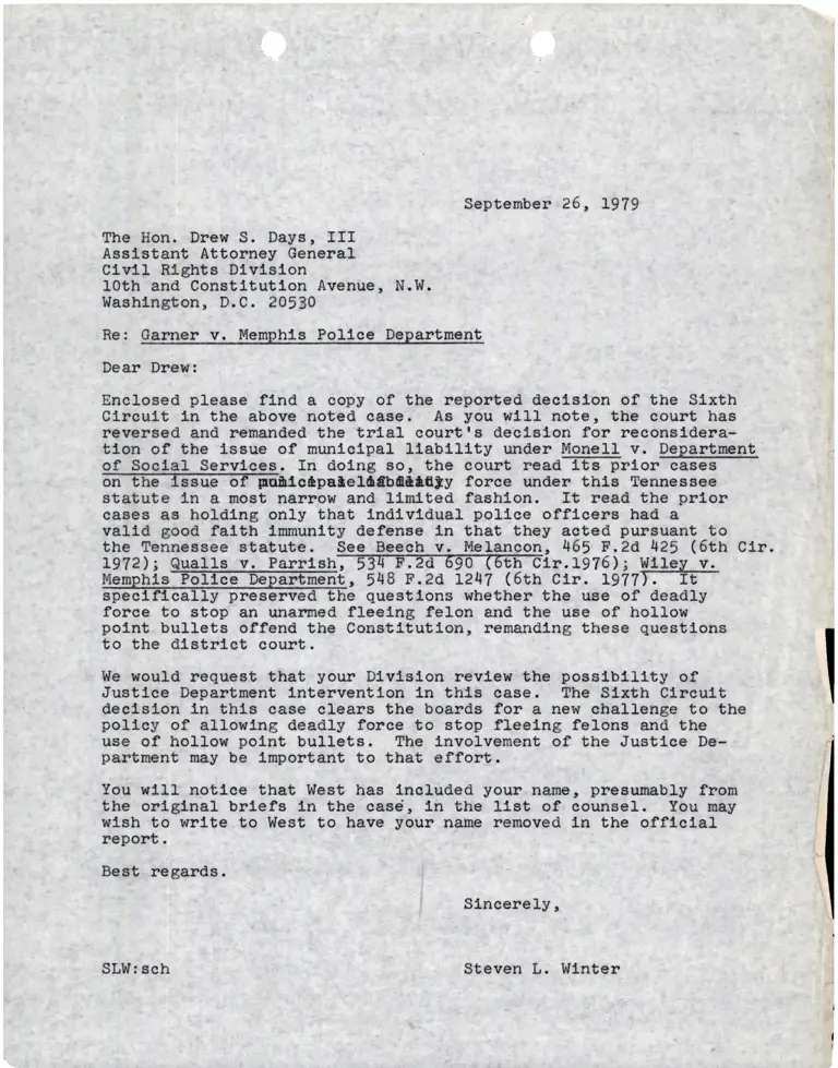Correspondence from Steven L. Winter to Drew S. Days, III preview