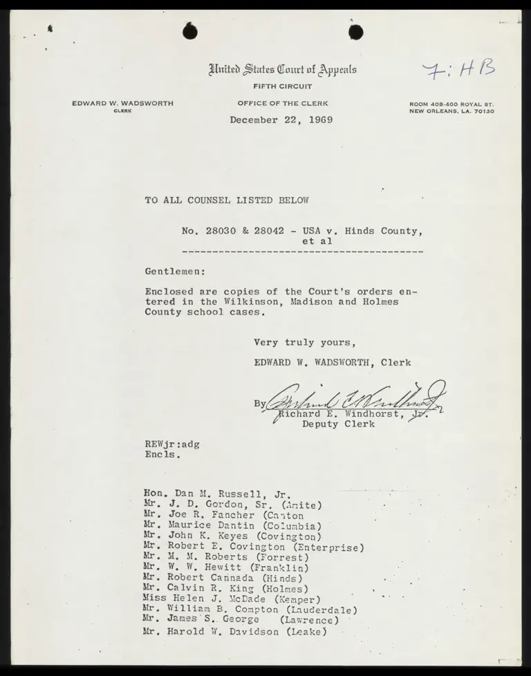 Correspondence from Clerk to Counsel with Orders for Wilkinson, Madison, and Holmes County School Cases preview