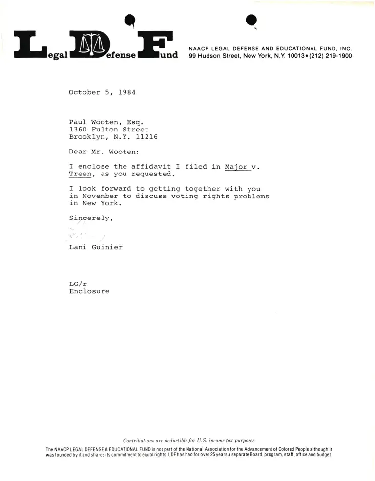 Letter from Lani Guinier to Paul Wooten RE Major v. Treen Affidavit preview