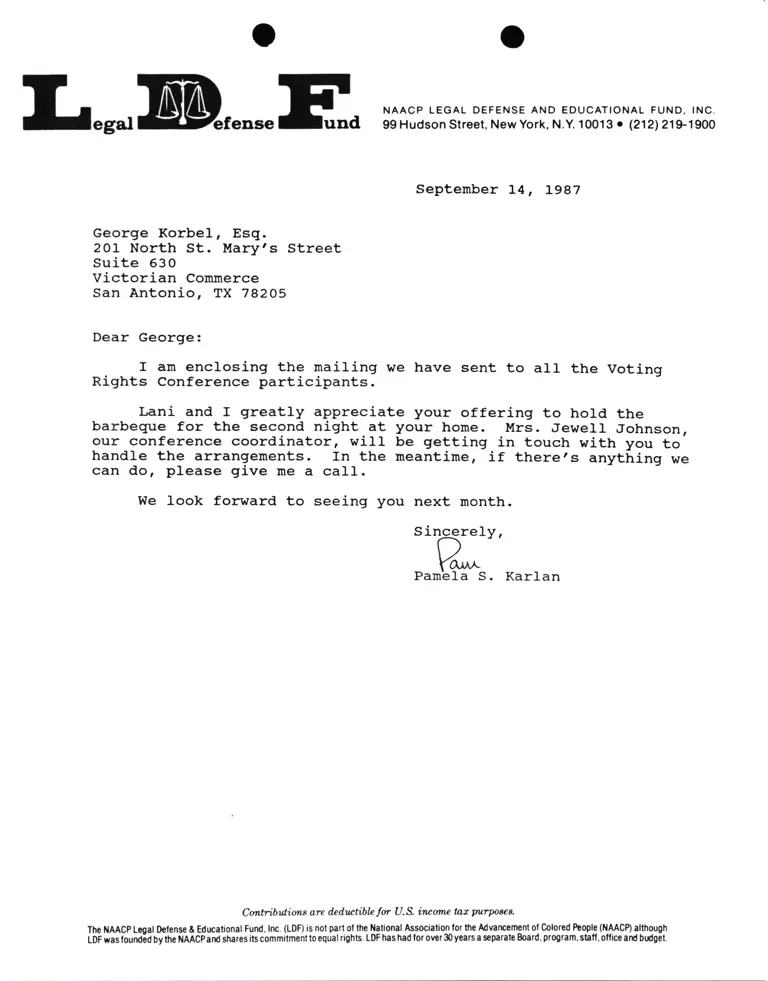 Correspondence from Pamela Karlan to George Korbel preview