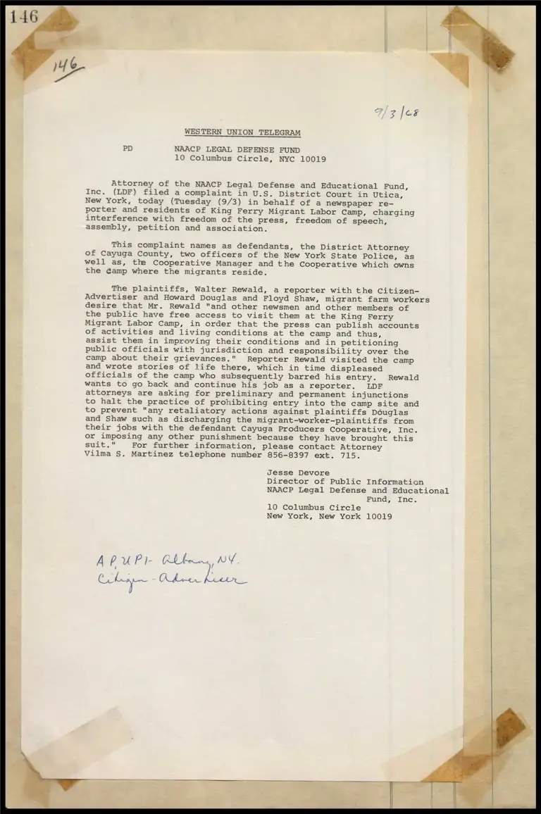 Complaint Against King Ferry Migrant Labor Camp Charging Interference with Freedom of Press, Speech, Assembly Petition and Association (Telegram) preview