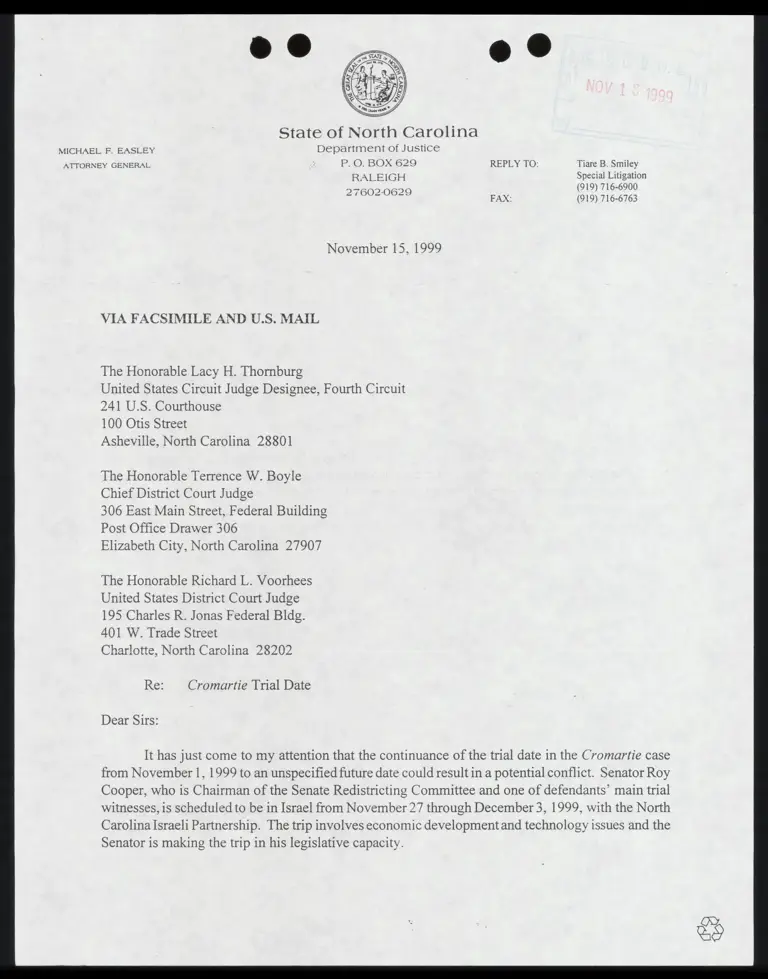 Letter to three judge panel RE: Trial date preview