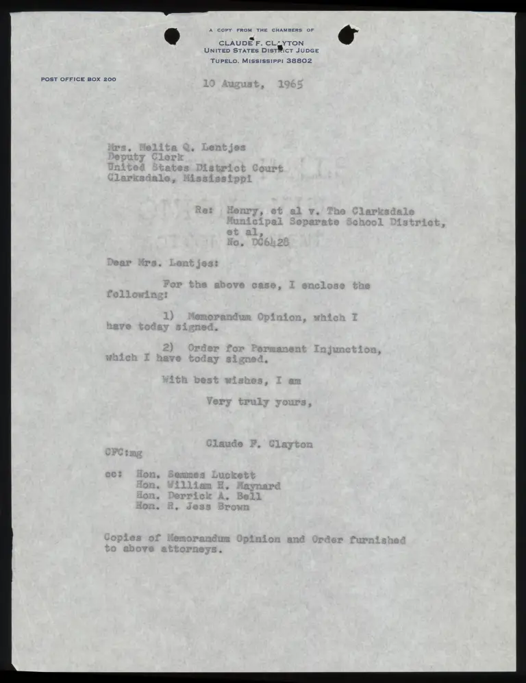 Correspondence from Judge Clayton to Clerk Re: Memorandum and Permanent Injunction preview