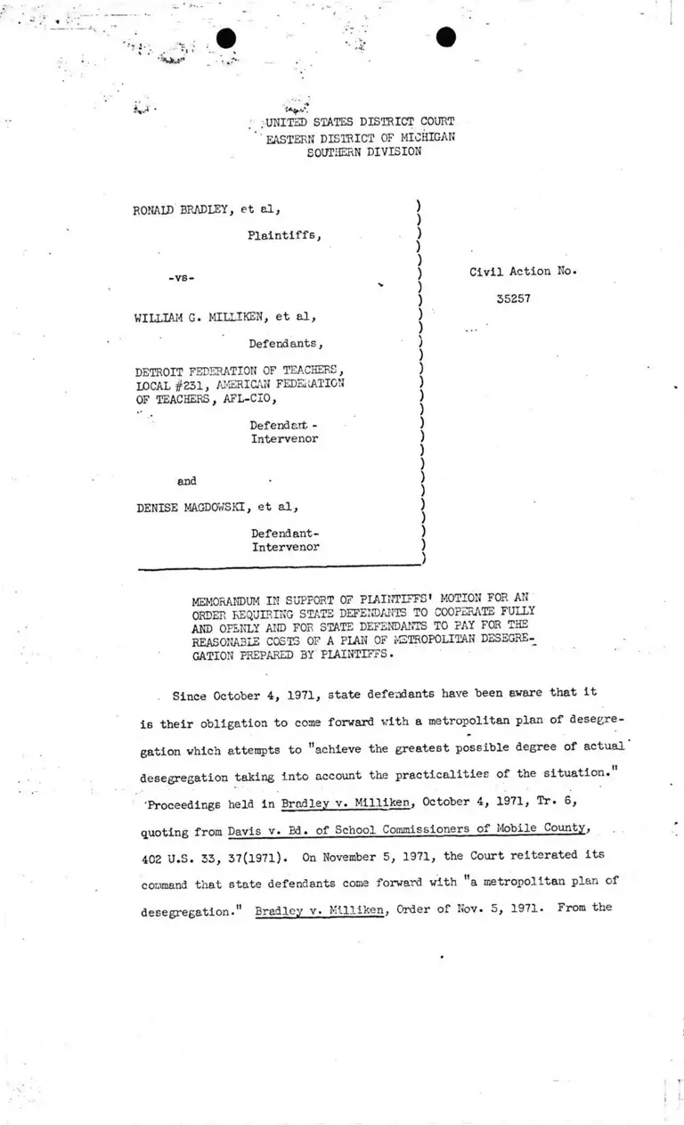 Memorandum in Support of Plaintiffs' Motion for an Order Requiring Defendants to Cooperate and Pay Reasonable Costs of Plaintiffs' Desegregation Plan preview