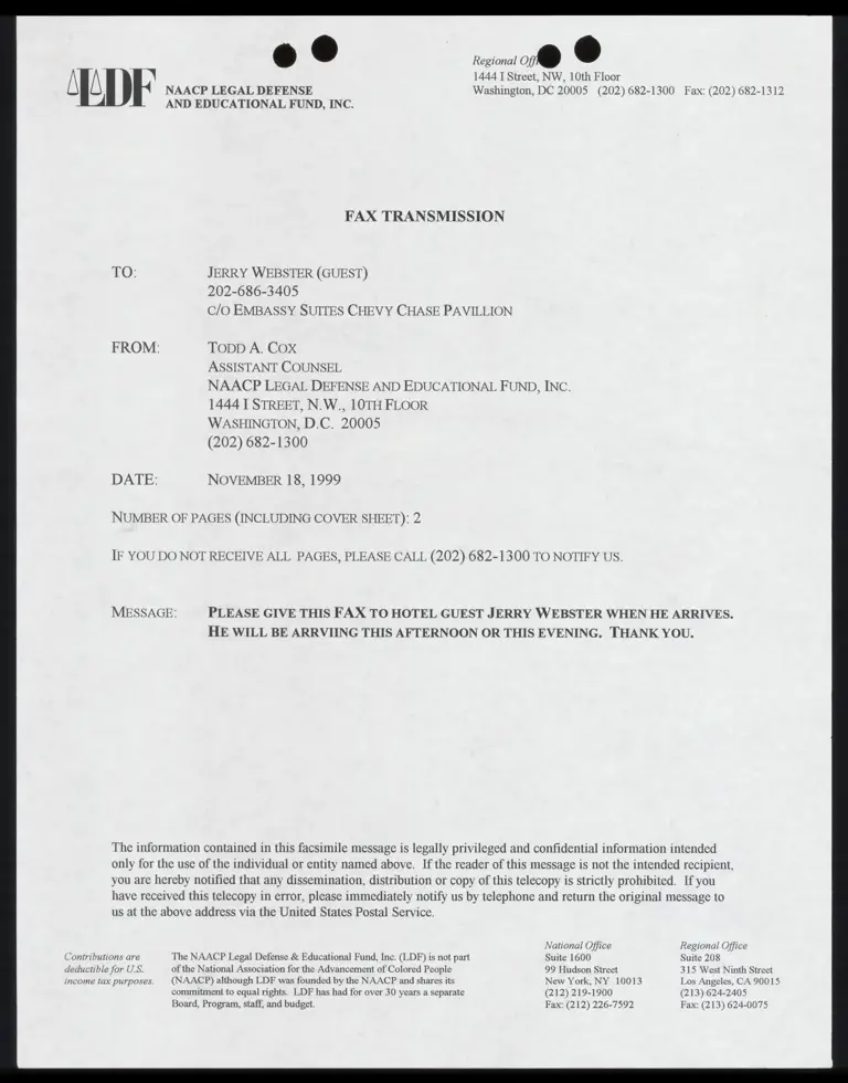 Fax to Webster from Cox RE trip to Raleigh preview