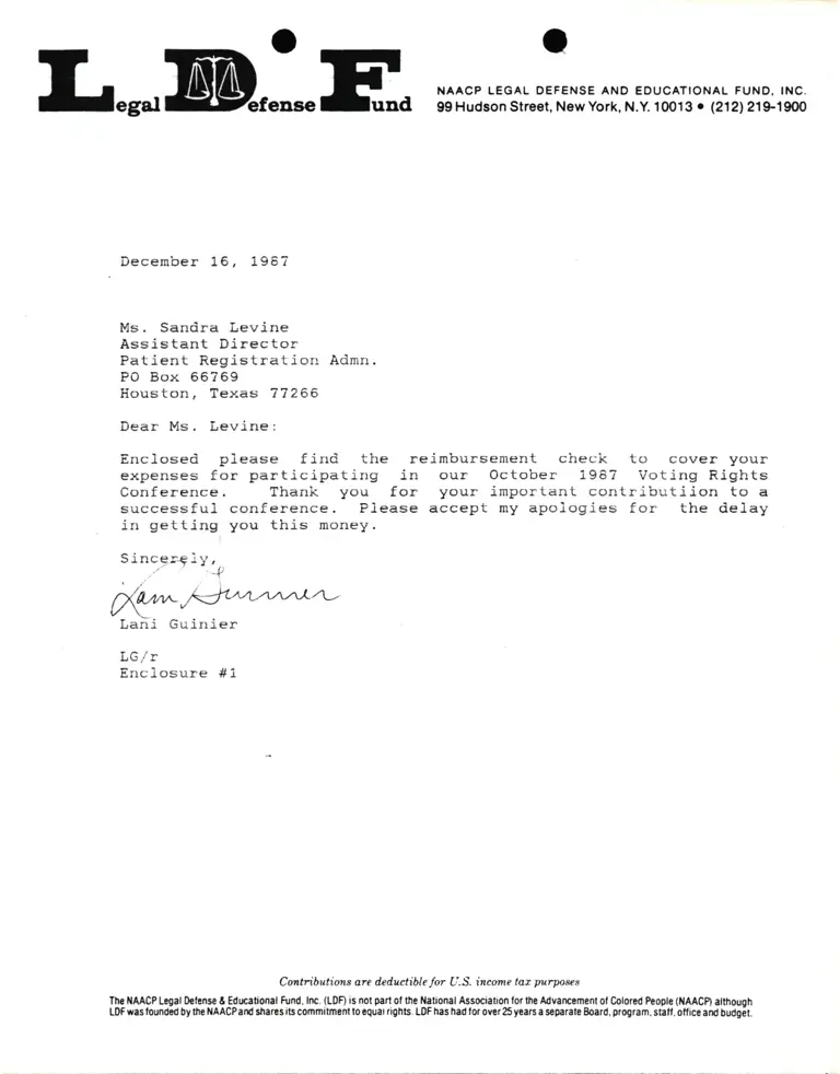 Correspondence from Lani Guinier to Sandra Levine preview