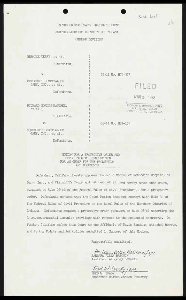 Motion for Protective Order and Opposition to Joint Motion for Production and Documents; Memo of Points and Authorities; Declaration; Orders preview