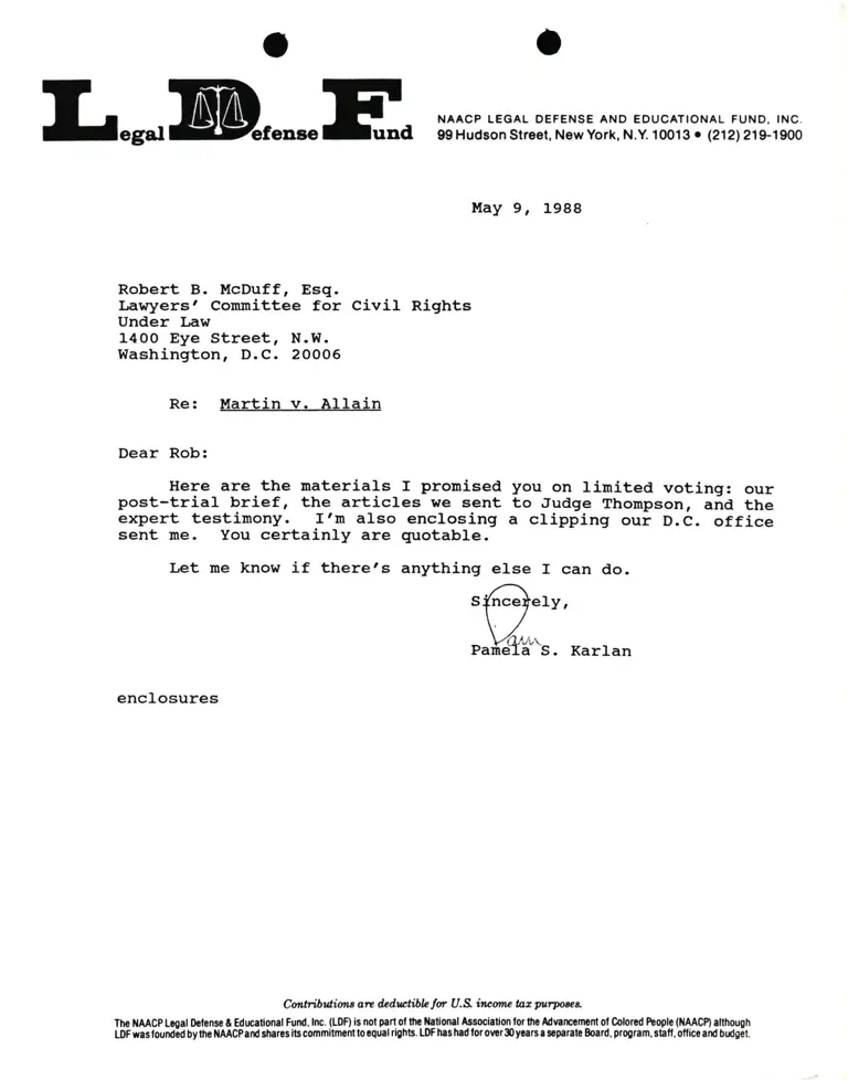 Correspondence from Pamela Karlan to Robert B. McDuff, Esq. Re Martin v. Allain preview