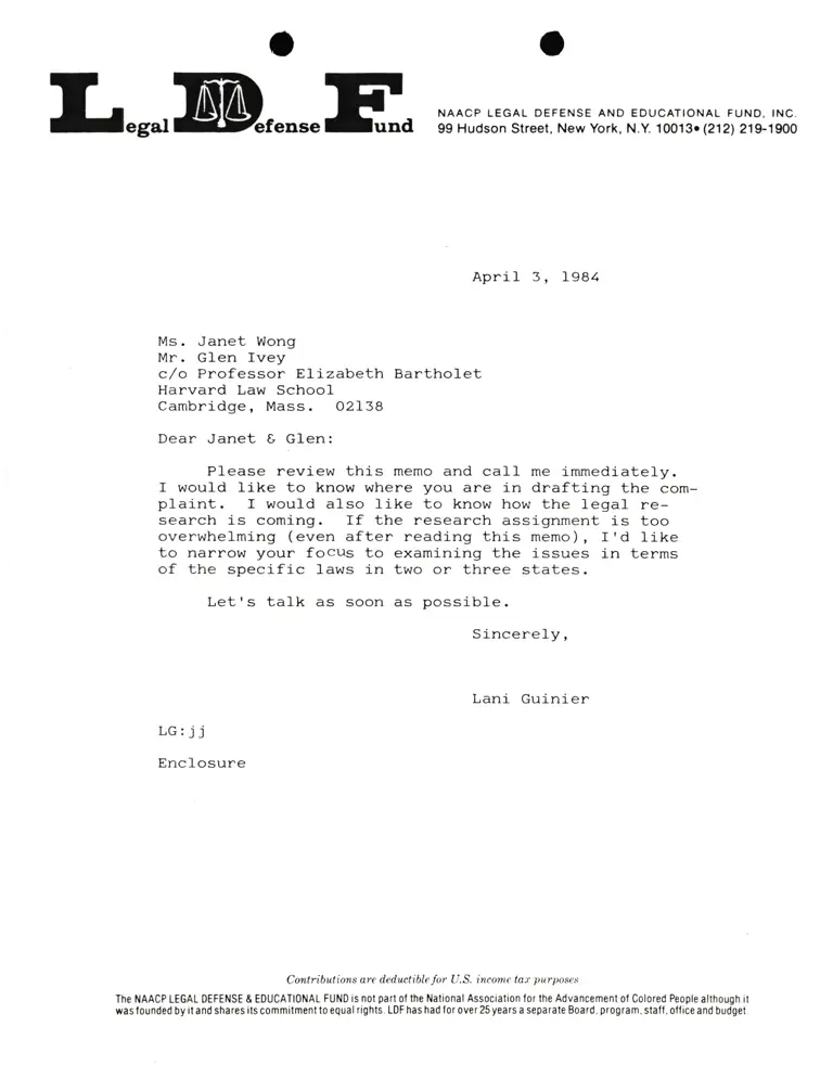 Letter from Lani Guinier to Ms. Janet Wong preview