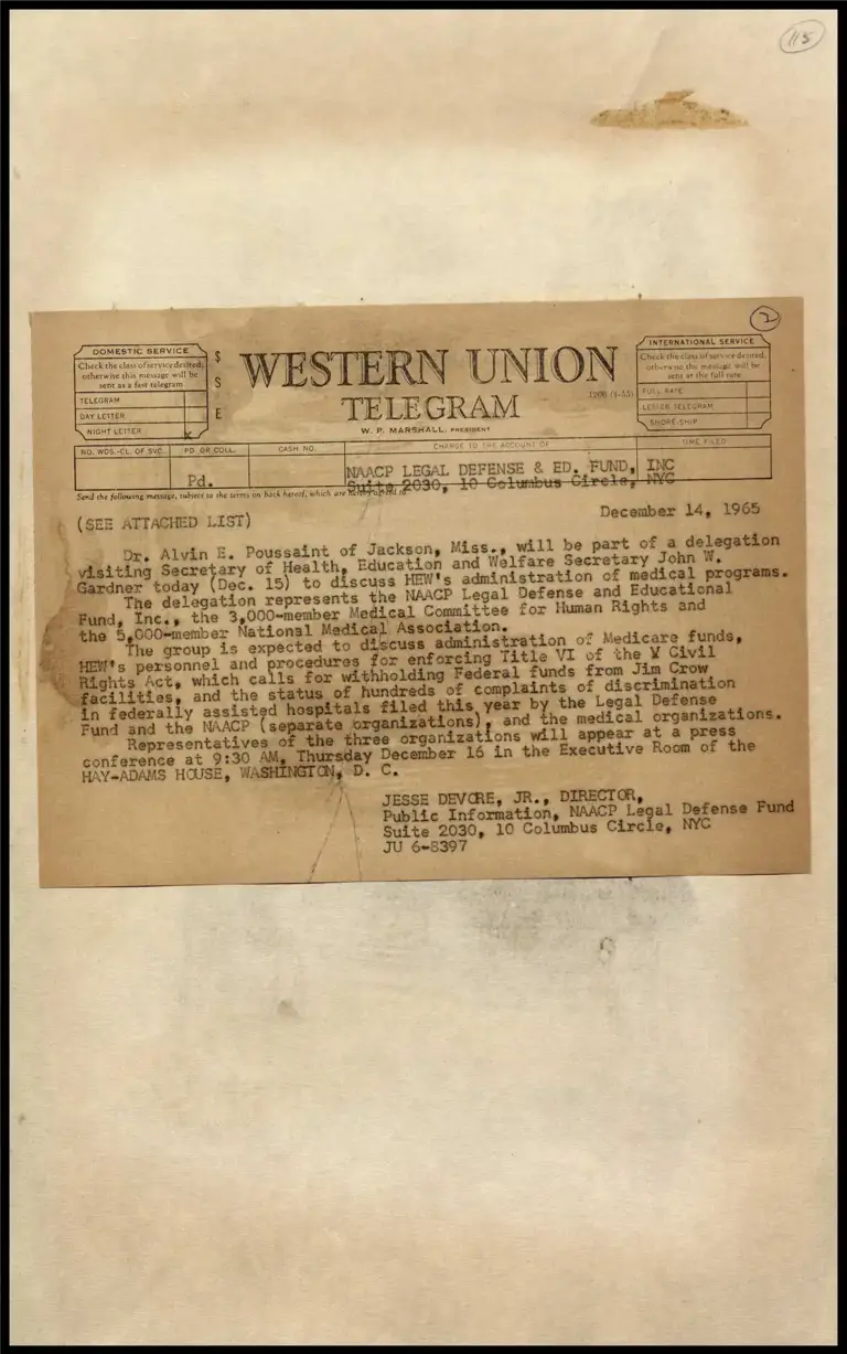 Telegram re: Delegation Who Will Discuss HEW's Administration and Medical Programs preview