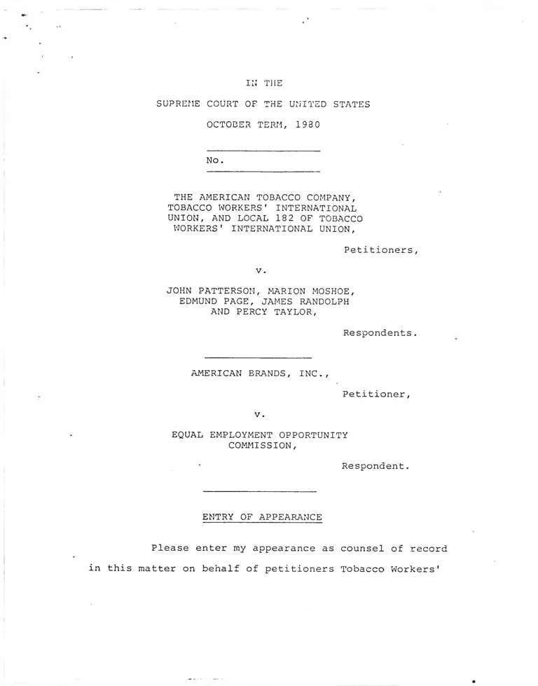 The American Tobacco Company v. Patterson and American Brands v. Equal Employment Opportunity Commission Entries of Appearance; Petition for a Writ of Certiorari to the United States of Appeals for the Fourth Circuit preview