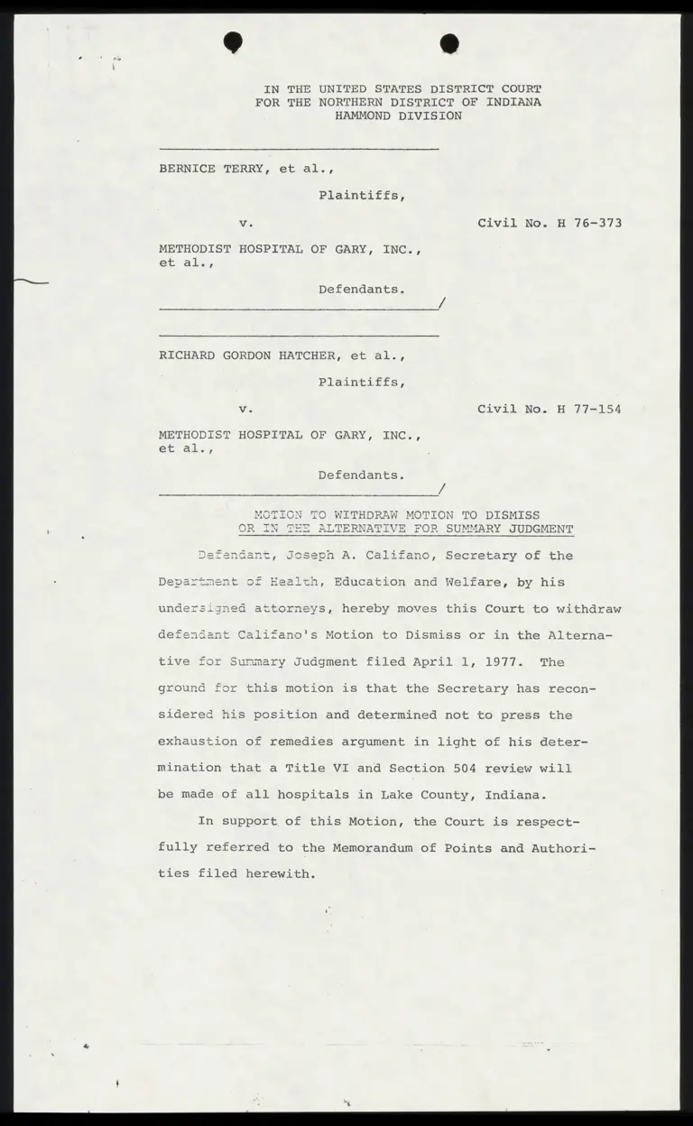 Motion to Withdraw Motion to Dismiss Or In The Alternative For Summary Judgment, preview