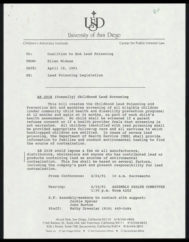 Correspondence from Widess to Coalition to End Lead Poisoning preview