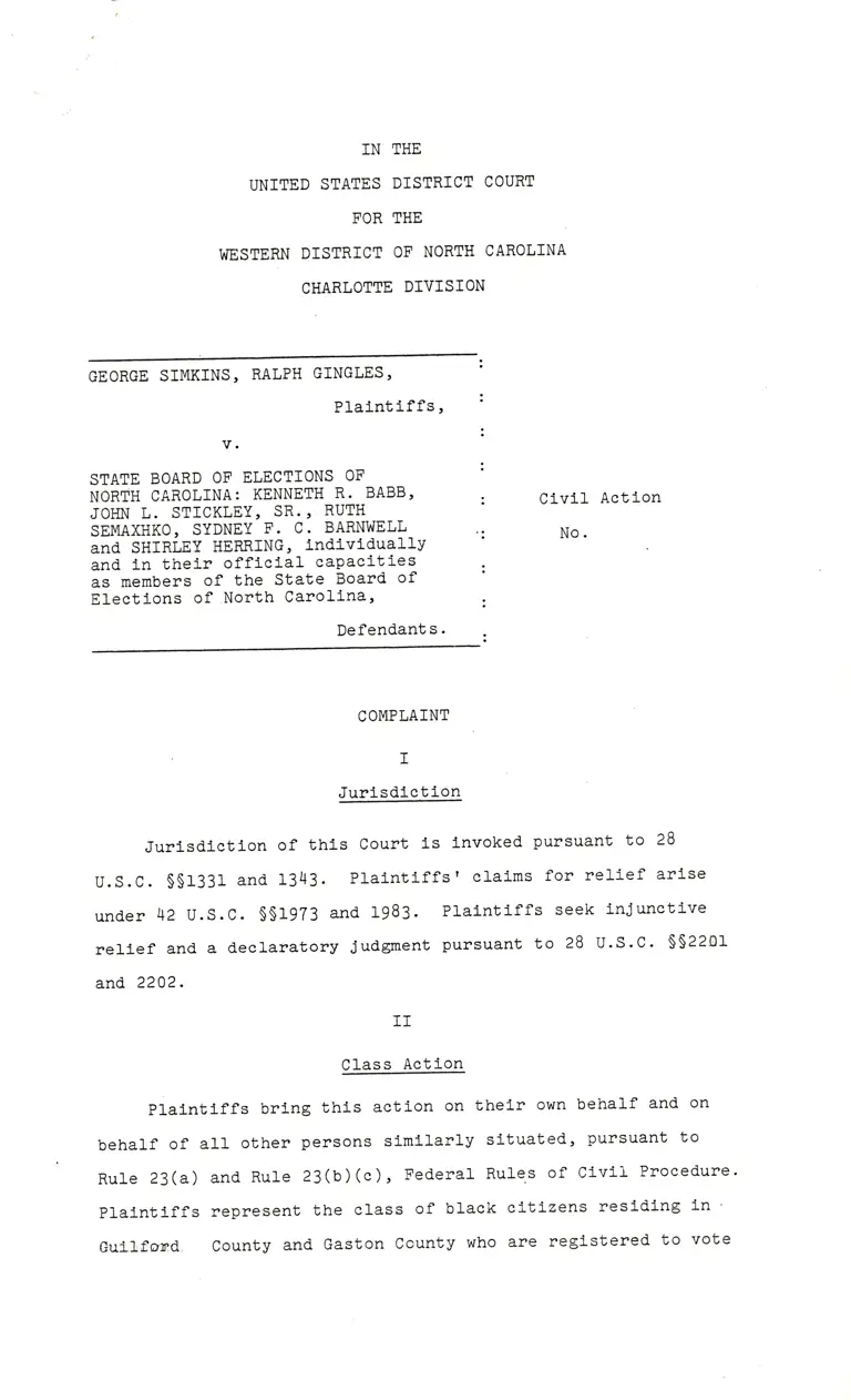 Draft of Simkins and Gingles v. State Board of Elections of North Carolina Complaint Version 1 preview