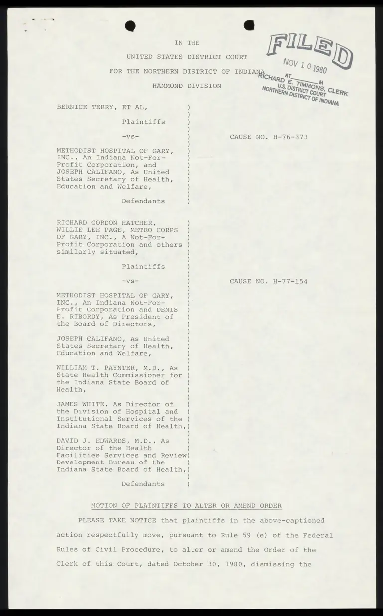 Motion of Plaintiffs to Alter or Amend Order preview