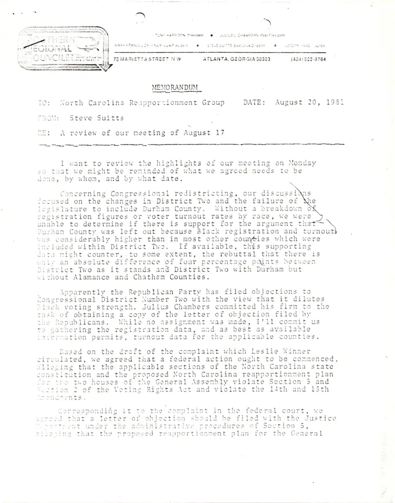 Memorandum from Suitts to North Carolina Reapportionment Group preview