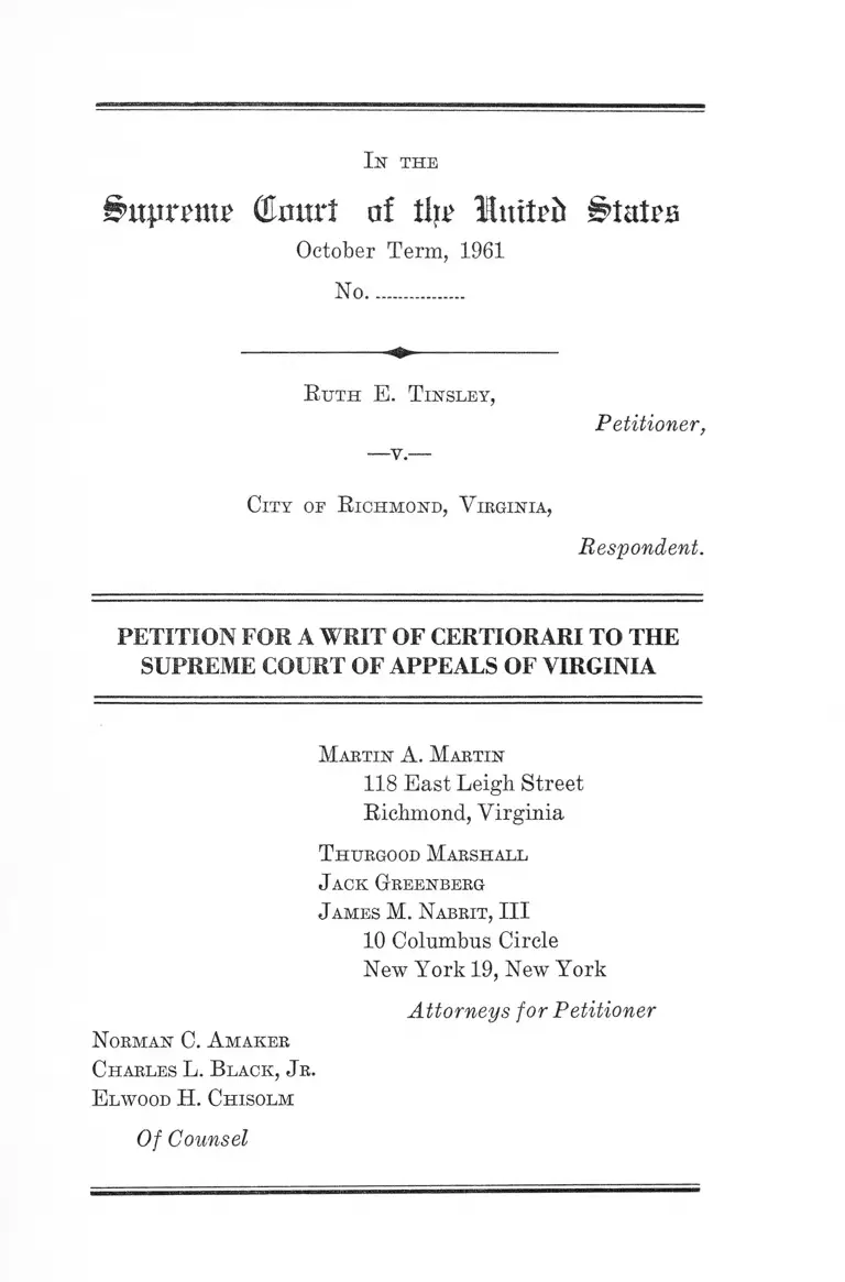 Tinsley v. City of Richmond, Virginia Petition for a Writ of Certiorari preview
