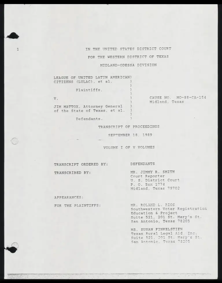 Transcript of Proceedings September 18, 1989 - Volume I preview