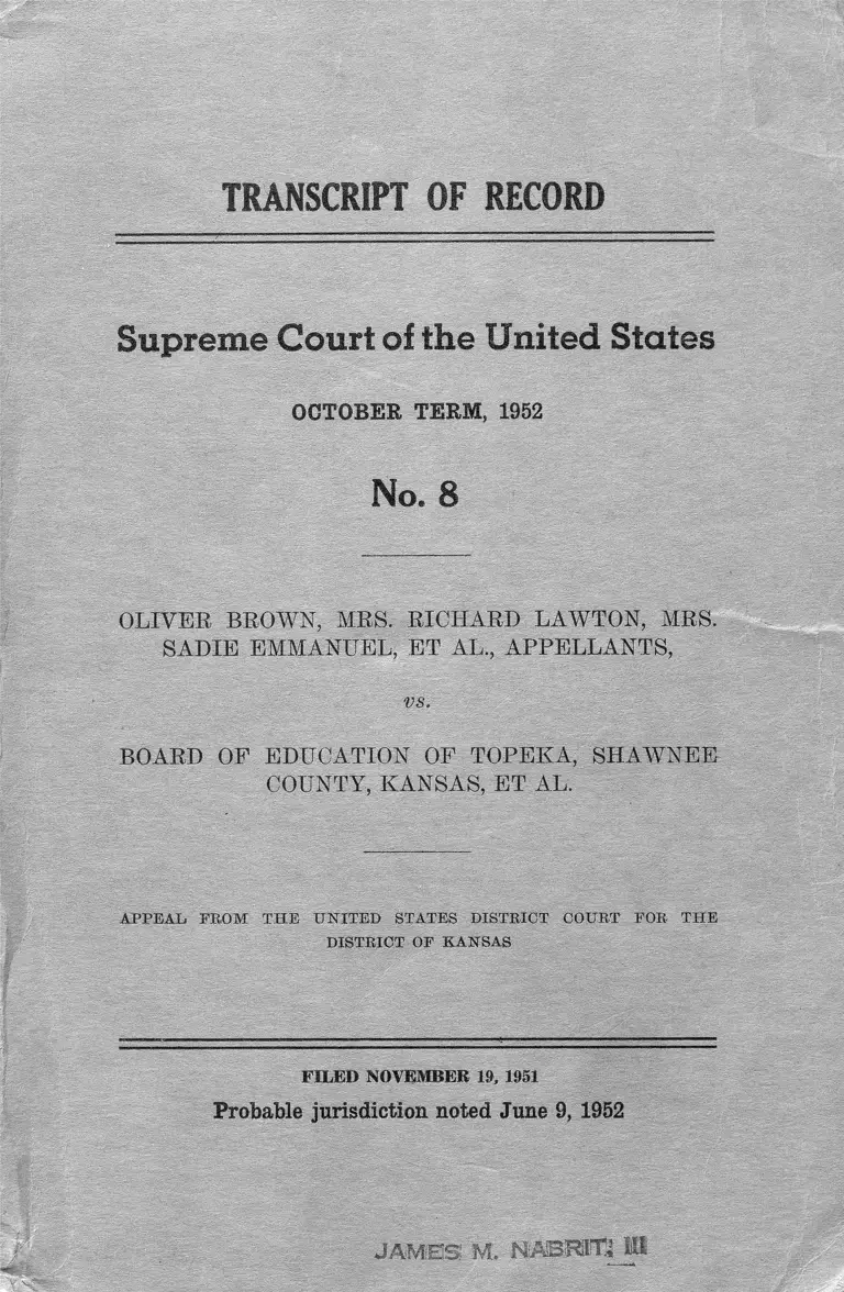 Brown v. Board of Education Transcript of Record preview