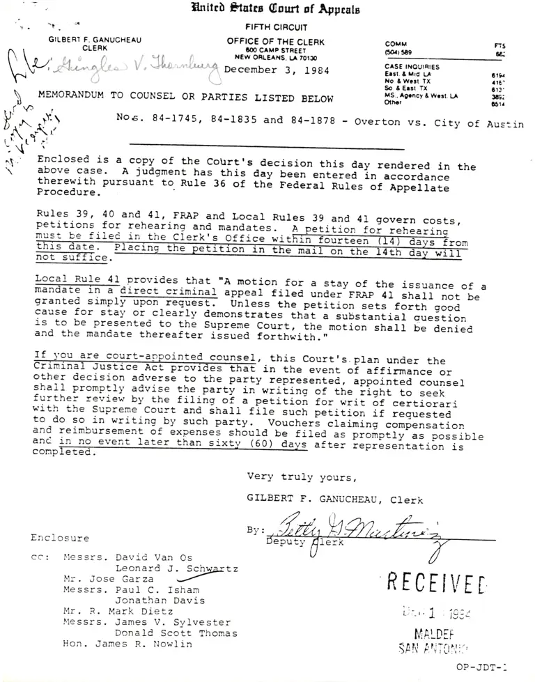 Memorandum to Counsel; Overton v. City of Austin On Petition for Writ of Mandamus to the United States District Court for the Western District of Texas preview