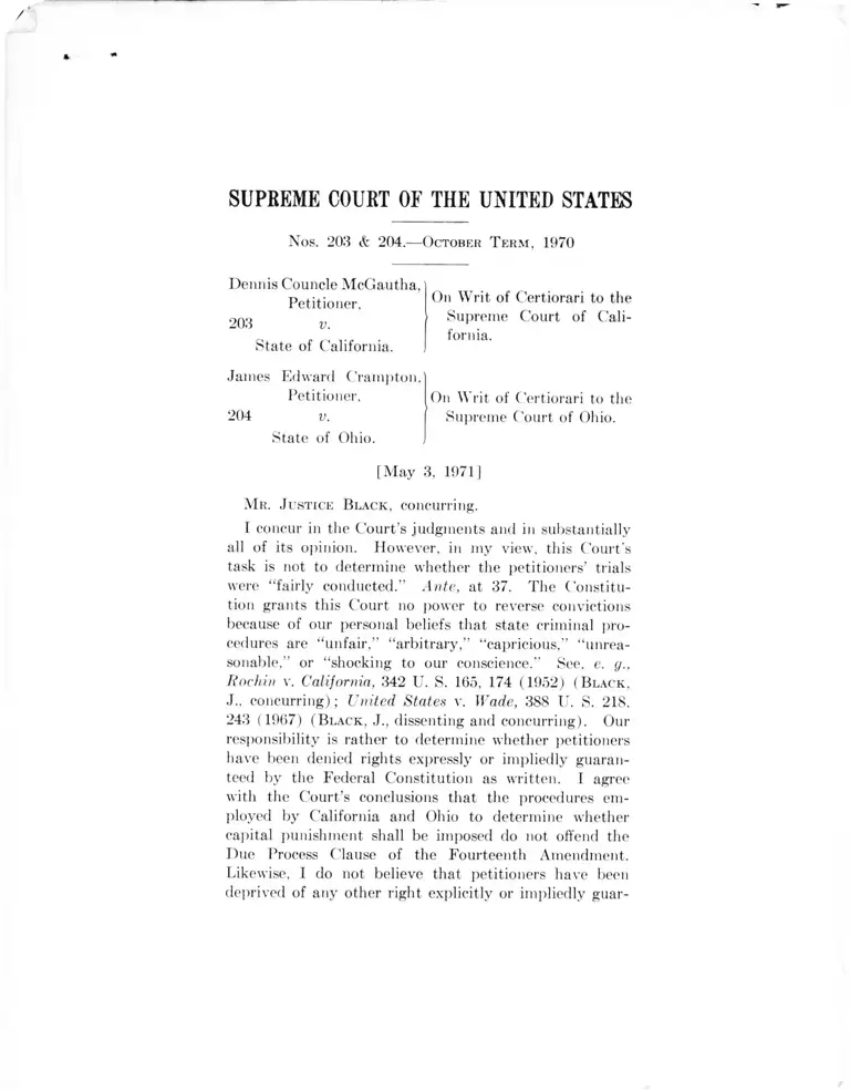 McGautha v California Concurrent Opinion preview