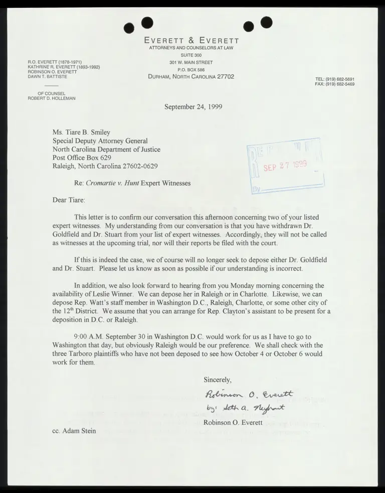 Letter to Smiley from Everett and Neyhart RE: Expert witnesses preview