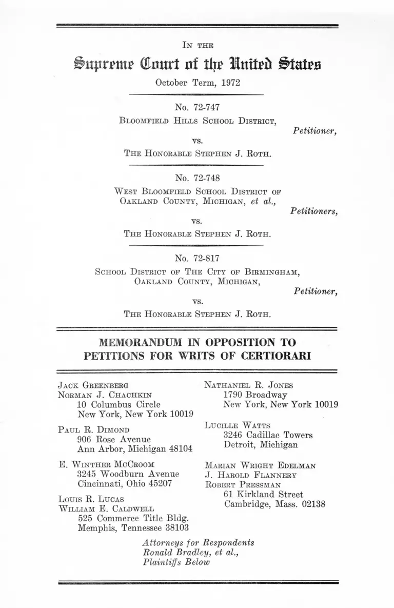 Memo in Opposition to Petitions for Writs of Certiorari preview