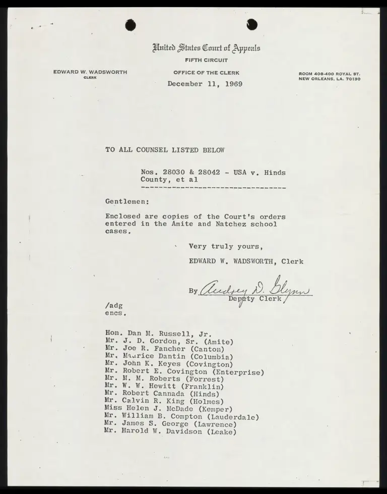 Correspondence from Clerk to Counsel Re: Amite and Natchez Orders preview