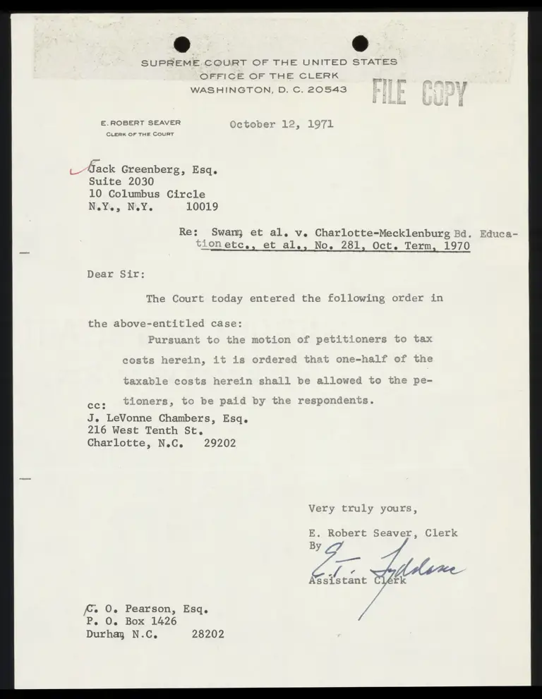 Correspondence from Clerk to Greenberg Re: Order preview