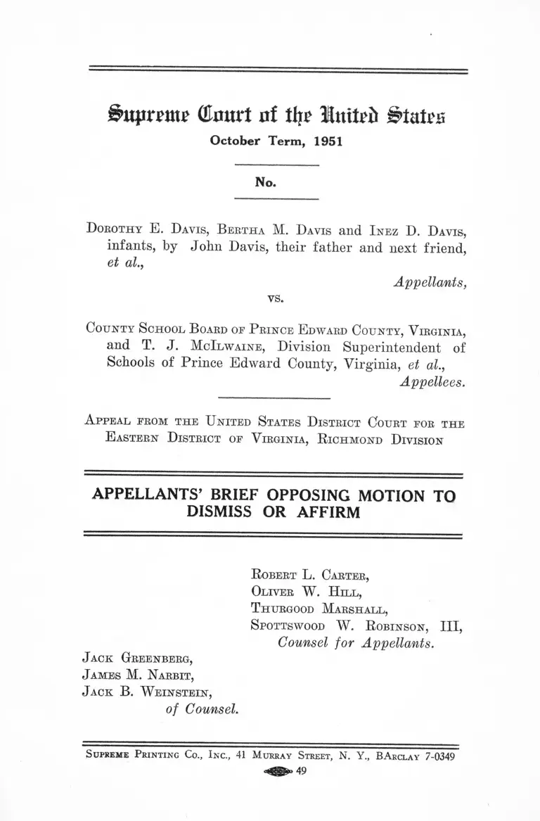 Davis v. Prince Edward County, VA School Board Appellants' Brief Opposing Motion to Dismiss or Affirm preview
