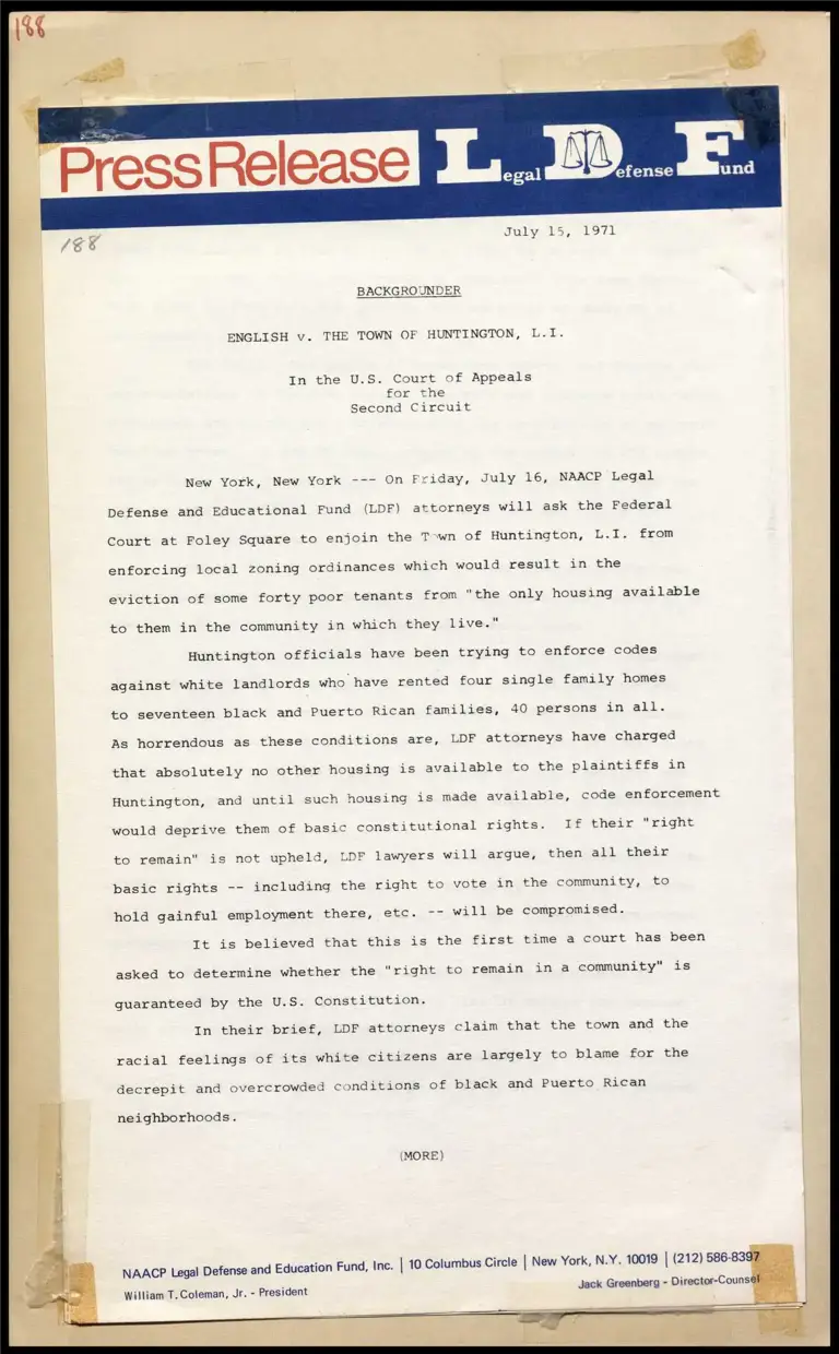 Backgrounder - English v. The Town of Huntington, L.I. in the U.S. Court of Appeals for the Second Circuit preview
