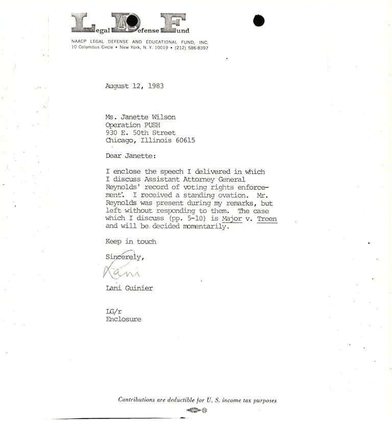 Correspondence from Lani Guinier to Janette Wilson Re: Major v. Treen preview