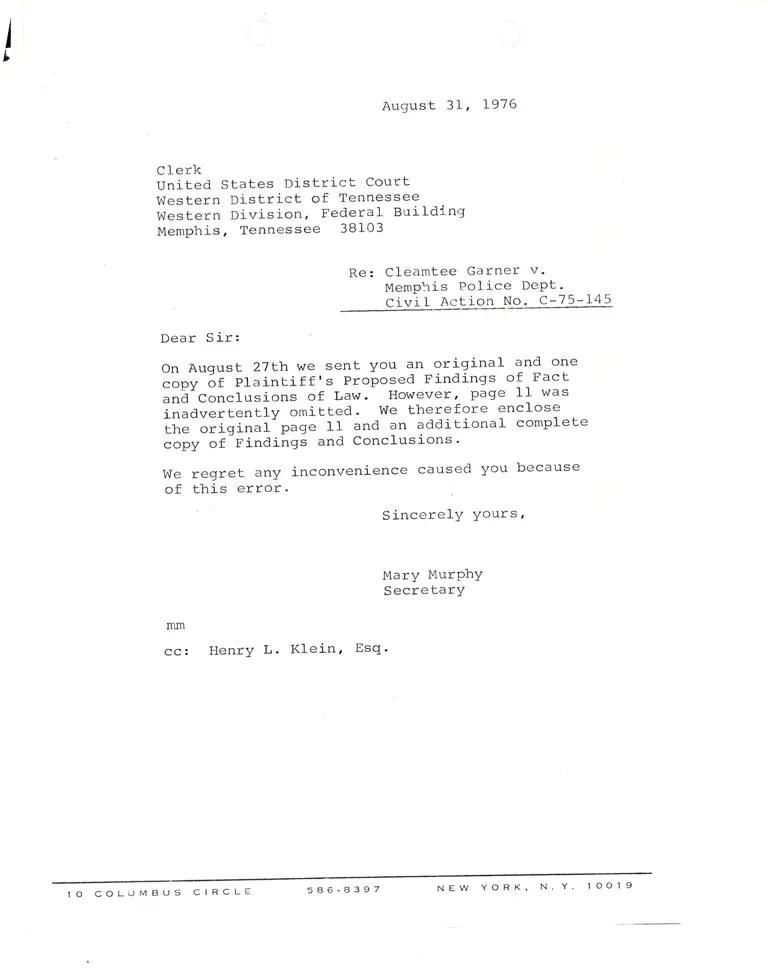 Correspondence from Mary Murphy to Clerk preview