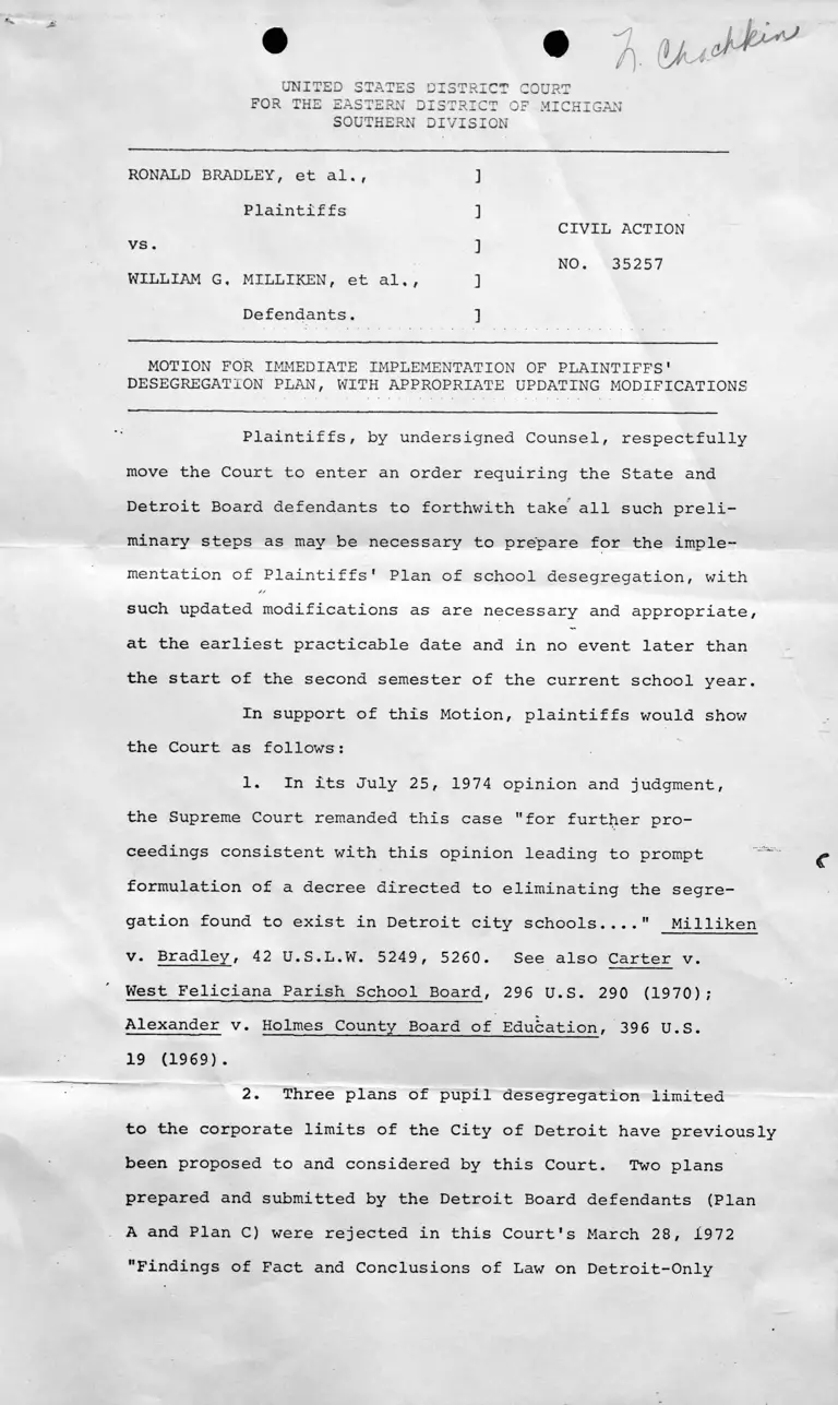Motion for Implementation of Plaintiffs' Desegregation Plan with Modifications preview