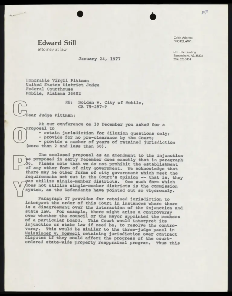 Letter from Still to Judge Pittman RE: Proposal as Amendment to Injunction preview