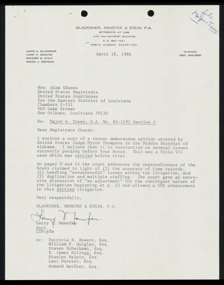 Correspondence from Menefee to Chasez (Magistrate); York v. Alabama State Board of Education Memorandum Opinion preview