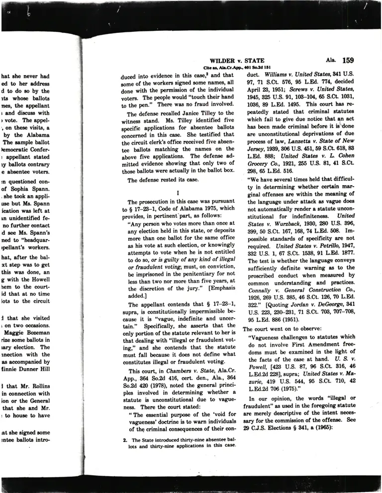 Wilder v. State Court Opinion preview