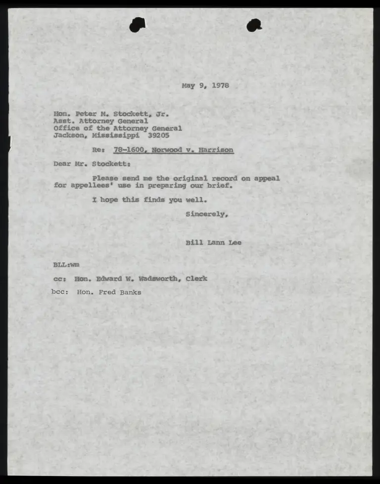 Correspondence from Lee to Stockett Re: Record on Appeal preview