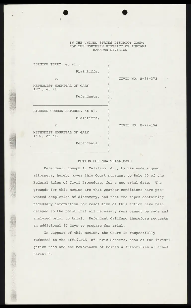 Motion for New Trial Date; Memorandum of Points & Authorities in Support; Affidavit of Davis A. Sanders preview