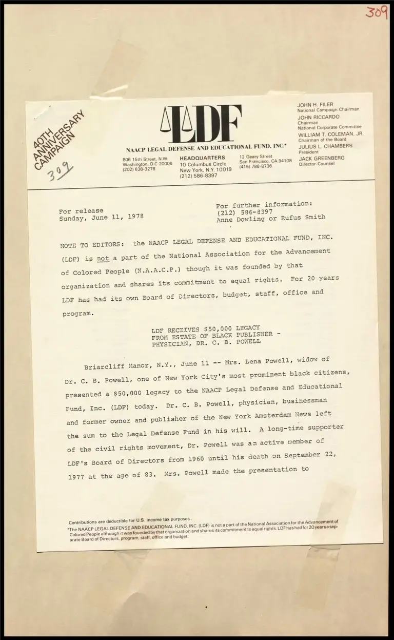 LDF Receives $50,000 Legacy from Estate of Black Publisher-Physician, Dr. C. B. Powell preview