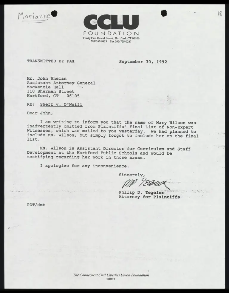 Letter from Tegeler to Court RE: Plaintiff Inclusion on Final List preview