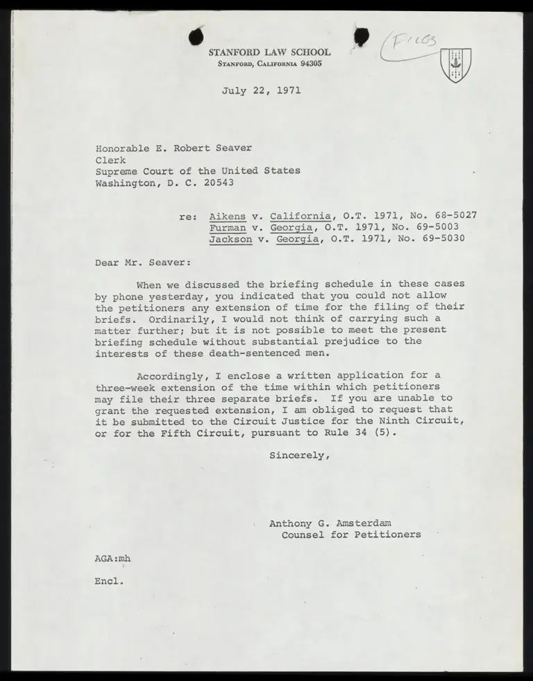 Correspondence from Amsterdam to Clerk; Application for Extension of Time for Filing Petitioners' Briefs preview