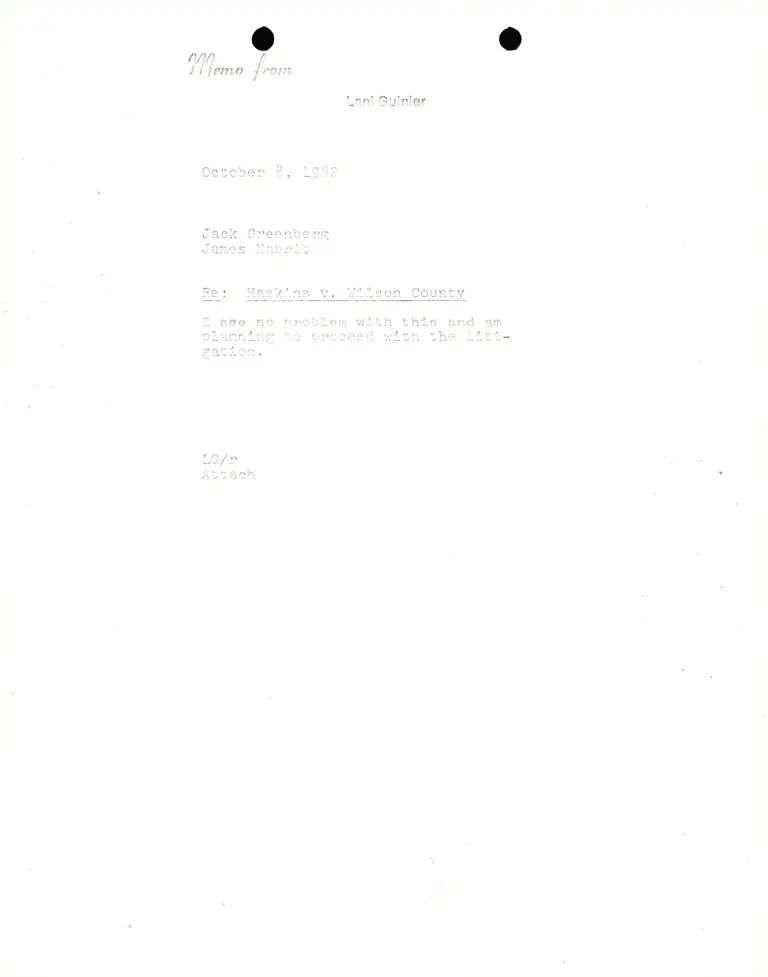Memo from Lani Guinier to Jack Greenberg and Jim Nabrit (cover memo without attachment) preview
