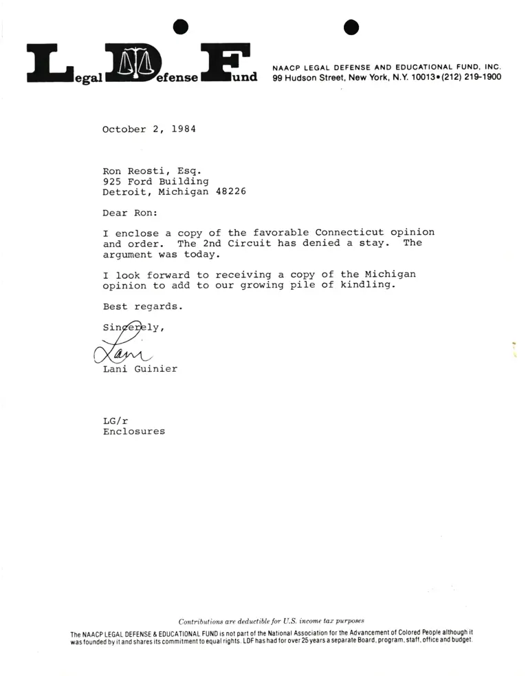 Letter from Lani Guinier to Ron Reosti RE Connecticut opinion preview